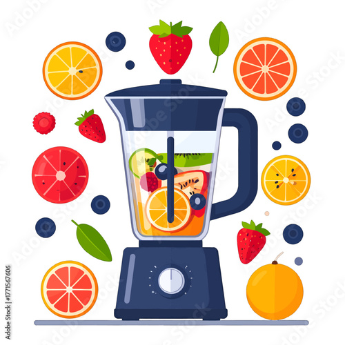 Vibrant Fruit Smoothie Preparation with Blender Arrangement on White Background