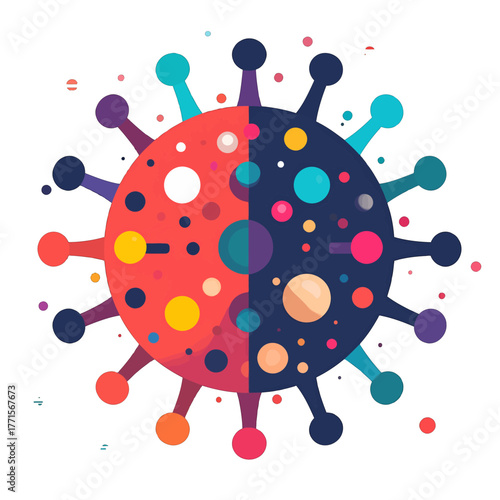 Colorful Vector Illustration of a Virus on a White Background with Geometric Shapes and Vibrant Hues Suitable for Medical Illustration