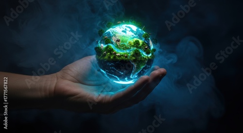 Green earth in hand with vibrant ecosystems. Symbolizes environmental awareness and care.