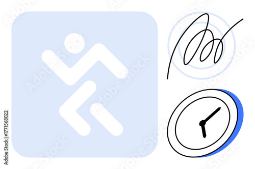 Stylized figure running inside a pale blue square, abstract black signature, and analog clock in minimalist style. Ideal for time management, deadlines, productivity, motion, urgency, determination