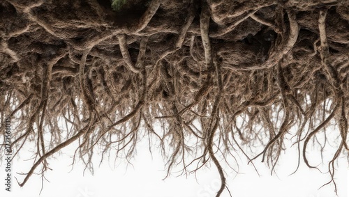 Intricate Network of Exposed Plant Roots Against a White Background.