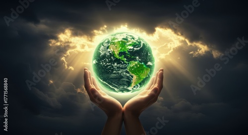 Hands holding glowing earth against dramatic sky. Concept for environment and care.