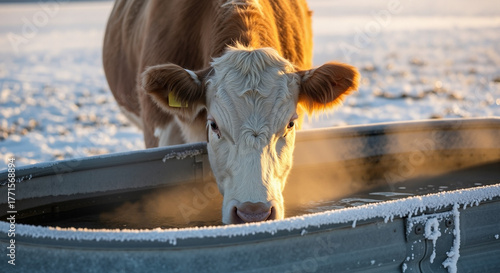 The breath of a Hereford Cow trough with ice is visible in the cold air, a powerful photo for content about livestock care in winter.