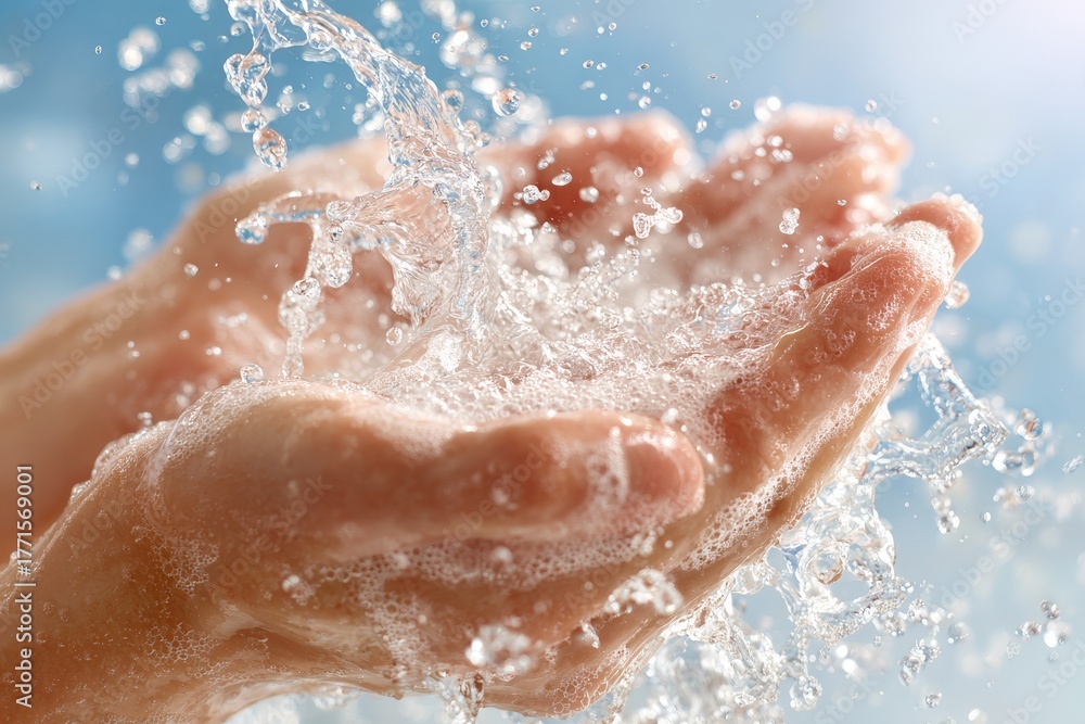 Fototapeta premium Cleansing hands under a splash of crystal water in bright sunny light