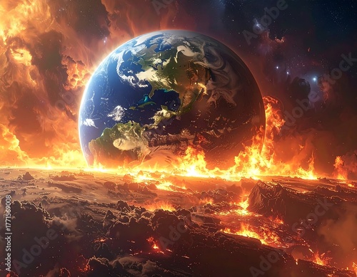 Earth engulfed in fire and lava, seen from a distance. Dark space is visible. Intense heat surrounds the blue and green planet