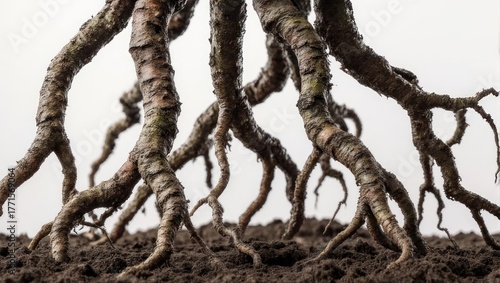 Intricate network of strong tree roots anchoring into dark rich soil.