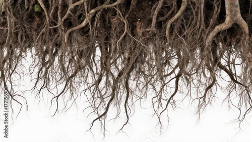 Intricate network of roots against a bright white background.