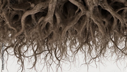 Intricate Network of Tree Roots Hanging Downwards Against a White Background.
