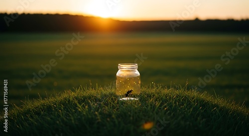 Fireflies in a jar at sunset on a grassy field.