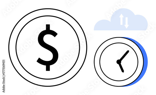 Coin with dollar sign, clock face, and cloud with double arrows illustrating currency, time, and cloud data exchange. Ideal for finance, time management, cloud computing, savings business