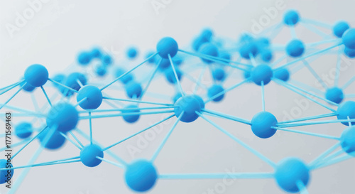 Close-up of a network of connected blue nodes and lines on a light gray background with a shallow depth of field.