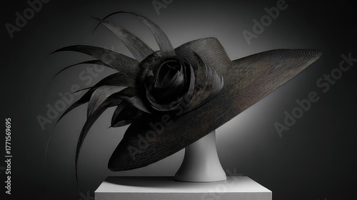 Elegant Black Hat with Feather Decoration Displayed on a Minimalist Mannequin against a Dark Background