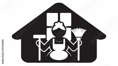 Professional cleaning service logo for home or business use, featuring a friendly maid with cleaning tools inside a house shape, symbolizing cleanliness and care