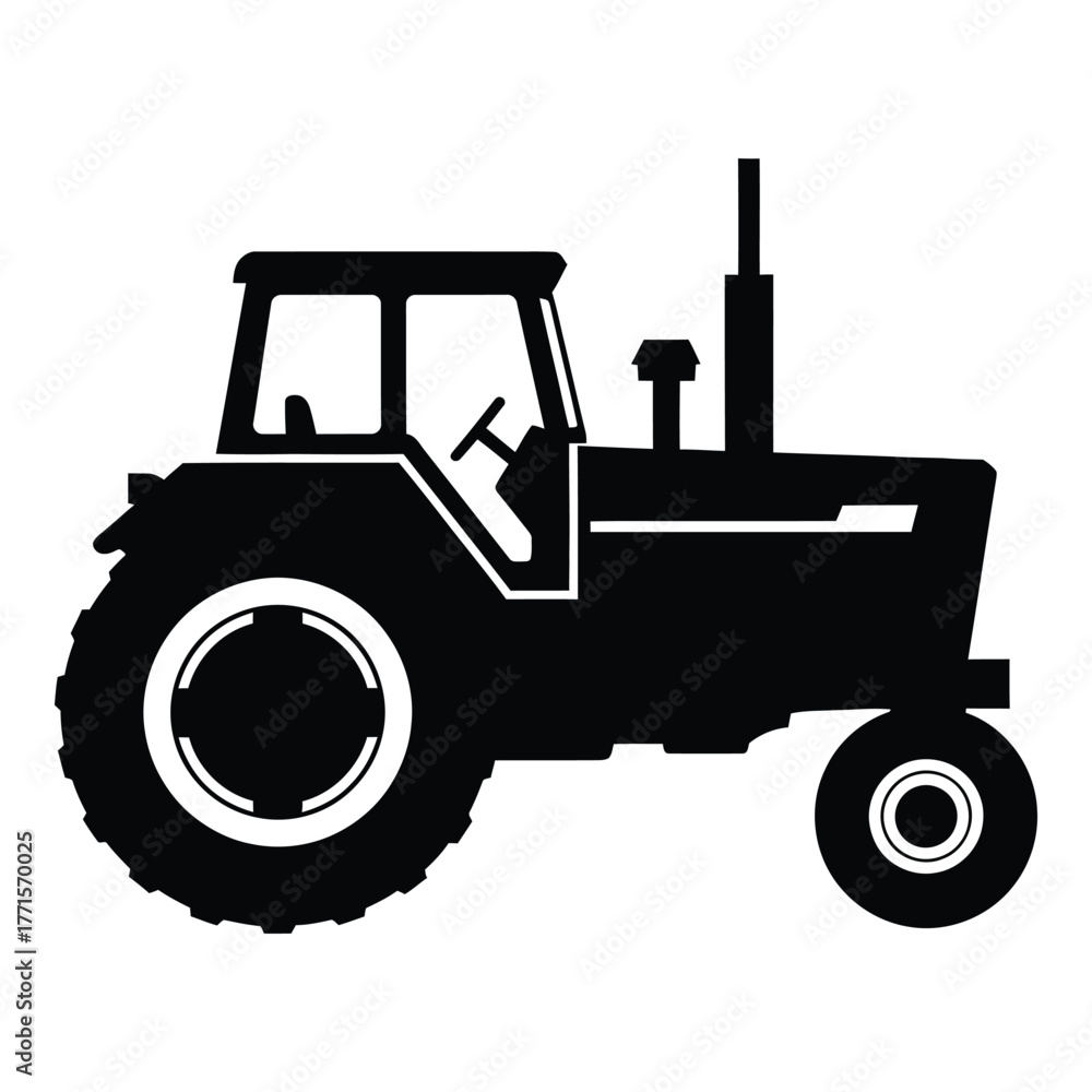 Naklejka premium Silhouette of a classic farm tractor with large rear wheels and a detailed cab for agricultural work and rural scenes silhouette