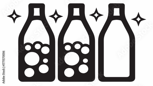 Three sparkling bottles, one empty, showcase a journey from full to depleted, ideal for illustrating progress, consumption, or even a refreshing beverage concept