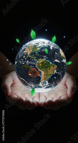 Hands holding earth globe with green leaves. Concept of environmental protection.