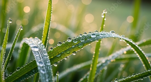 Fresh Morning Dew Drops on Green Grass Blades at Sunrise.