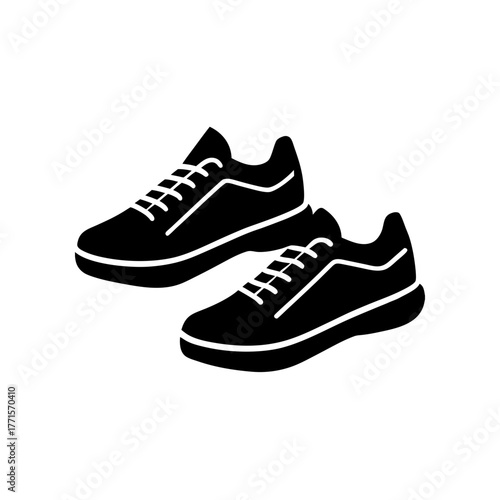 Two black sneakers with white laces on transparent background silhouette