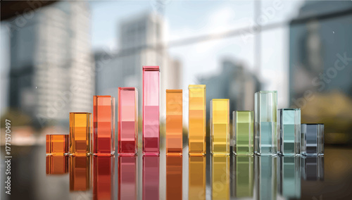 Colorful crystal bar graph showing positive growth with blurred city background
