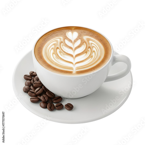 Coffee Latte Art White Cup Isolated On Transparent Background