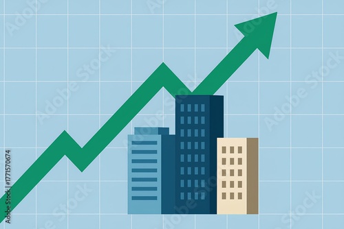 Financial growth symbolized by arrow and buildings