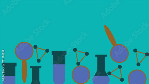 Creative science background featuring magnifying glass laboratory flasks and molecule connections on teal color backdrop ideal for education research and modern scientific designs