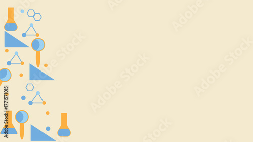 Creative science background featuring laboratory flasks magnifying glass and molecule symbols on beige color backdrop ideal for education research posters and modern designs