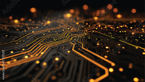 Complex circuit board with glowing pathways symbolizing technology and connectivity