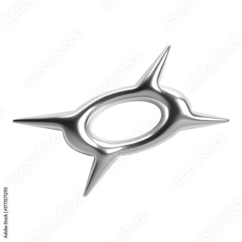 Futuristic Y2K 3D chrome metallic shape with four sharp spikes