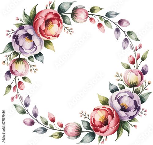 Floral Wreath: A beautiful wreath of watercolor-style flowers, a perfect blend of natural beauty and artistic finesse, arranged in a circular shape.