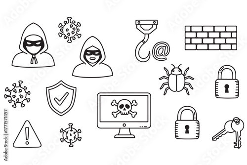 Cybersecurity threat illustration isolated on white background depicting hackers, viruses, and digital dangers, emphasizing online safety, protection, and awareness