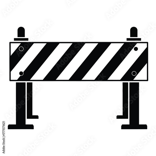 Iconic black and white construction barricade with warning lights for safety and traffic control applications silhouette
