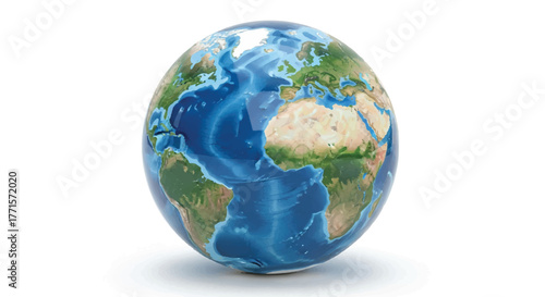 A realistic depiction of the Earth, showcasing the continents and oceans with a slight shadow on a white background.