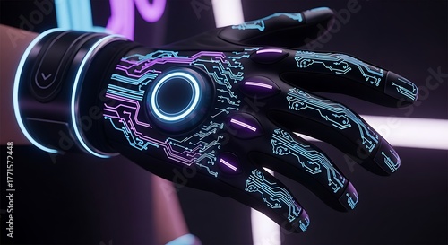 Futuristic Cybernetic Hand with Glowing Circuitry and Neon Accents.