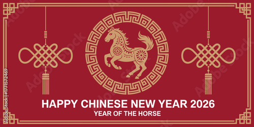 Happy chinese new year 2026 year of the horse greeting with traditional chinese knot and horse illustration