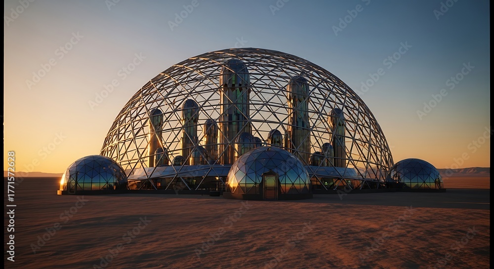 Fototapeta premium Futuristic Desert Oasis - A Geodesic Dome Cityscape at Sunset.