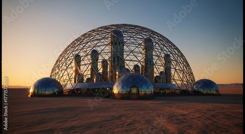 Futuristic Desert Oasis - A Geodesic Dome Cityscape at Sunset.