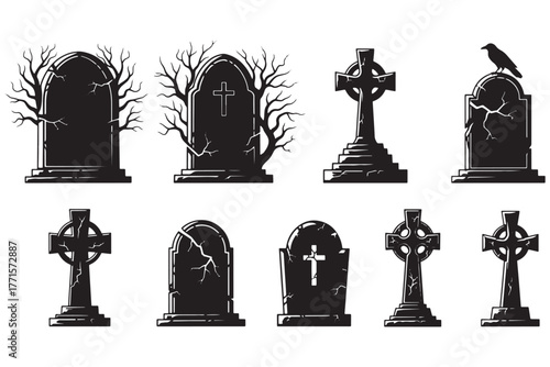 Collection of gravestones isolated on white background a somber assortment of memorials, evoking themes of remembrance, mortality, and the passage of time