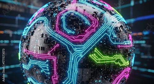 Futuristic Digital Globe with Glowing Neon Circuit Board Connections.