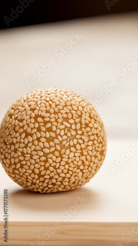 Close-up Macro Shot of a Golden Sesame Seed Ball Dessert on a Wooden Surface