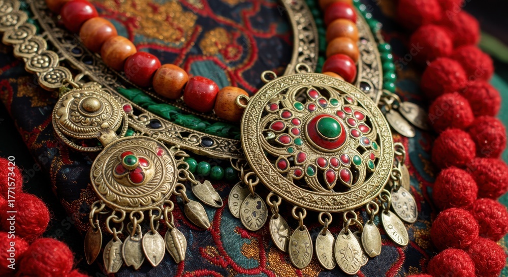 Fototapeta premium Close up of ornate brass necklace with red and green beads on patterned fabric.