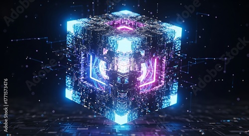 Futuristic Glowing Digital Cube with Abstract Circuitry and Neon Lights.