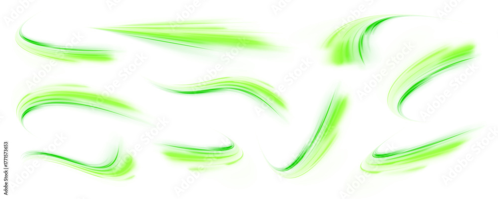 Fototapeta premium A set of neon-green wavy speed signs. Suitable for designs dedicated to ecology, cleanliness, and a healthy lifestyle, as well as for summer and spring banners.