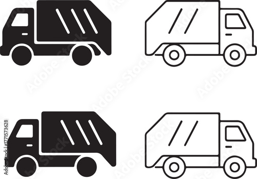 Isolated garbage truck icon set, black garbage truck vector, waste collection symbol, editable garbage truck icon, minimal solid black line outline design, city cleaning for sanitation and transport