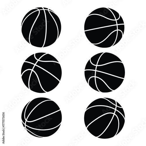 Six basketball icons silhouette collection sport equipment graphic design elements for athletic themes and gaming. silhouette