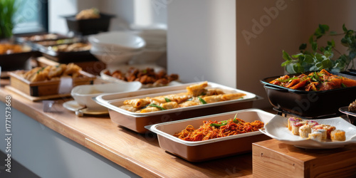 Buffet catering display with warm trays of noodles, spring roll, sushi and hot dishes on wooden counter, inviting communal dining experience