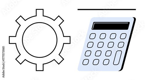 Gear representing operations mechanism next to calculator symbolizing mathematical analysis and planning. Ideal for technology, productivity, finance, problem-solving, management, innovation