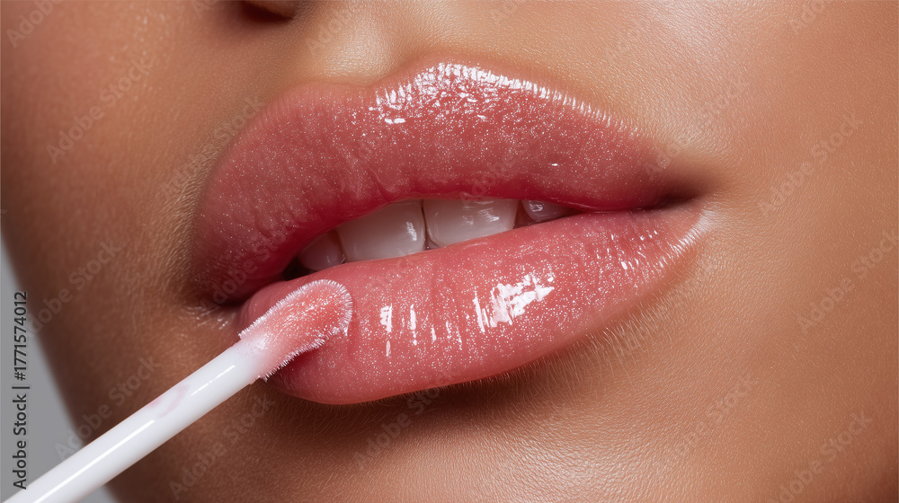 Naklejka premium Extreme close up of glossy lips with natural pink lip gloss applied, showing smooth skin texture and sensual, feminine beauty look, perfect for makeup and skincare concepts