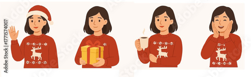 Four vectors of woman in red christmas sweater