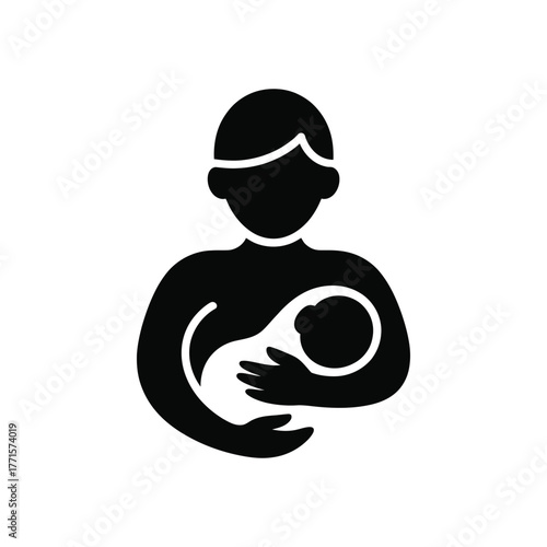 Black silhouette of parent holding infant child in arms icon on white